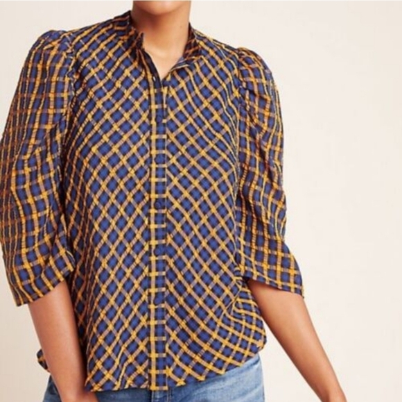 Eva Franco Anthropologie Plaid Button Down Blouse Womens 14 Orange Blue - Picture 1 of 13
